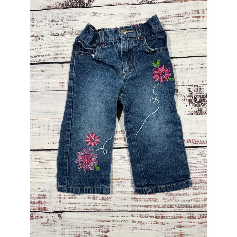 Vintage Faded Glory Toddler Girls Floral Embroidered Denim Jeans Medium Wash 18M